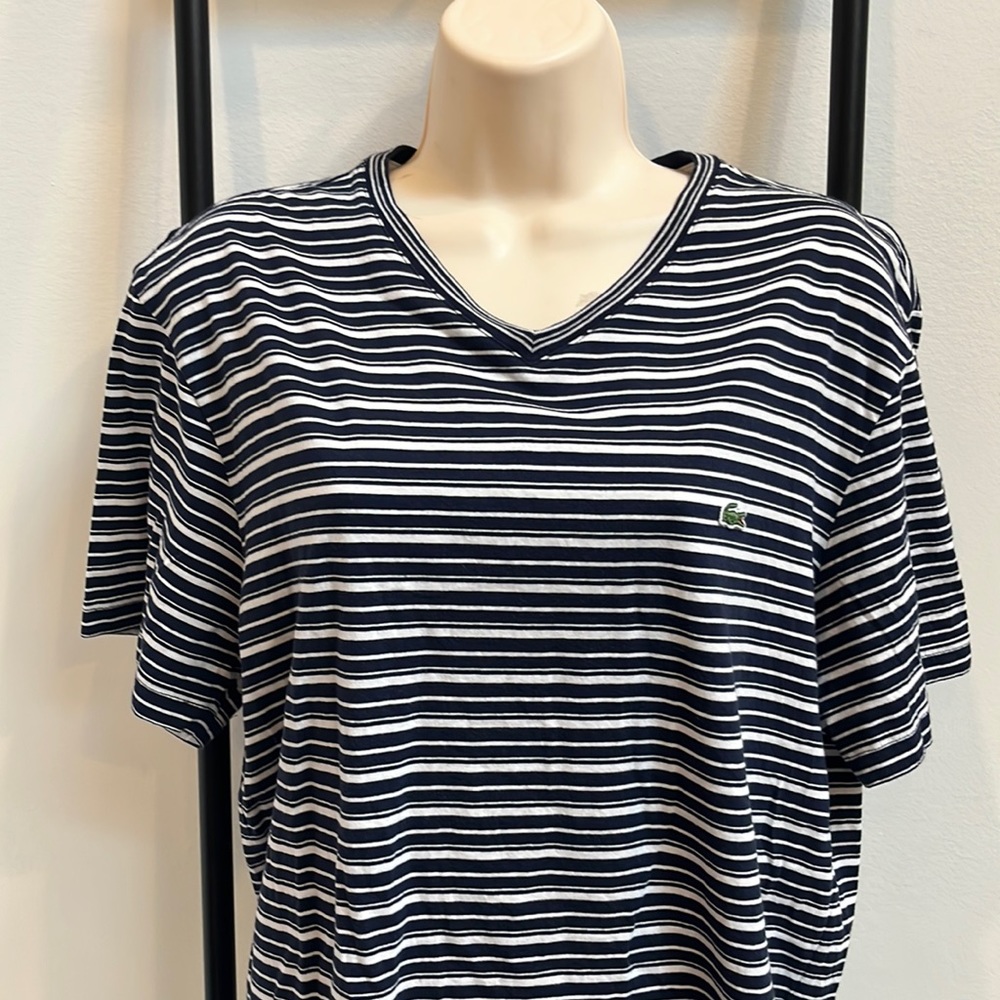 Lacoste Men’s Black & White Striped V Neck T-shirt Cotton Regular Fit Size L